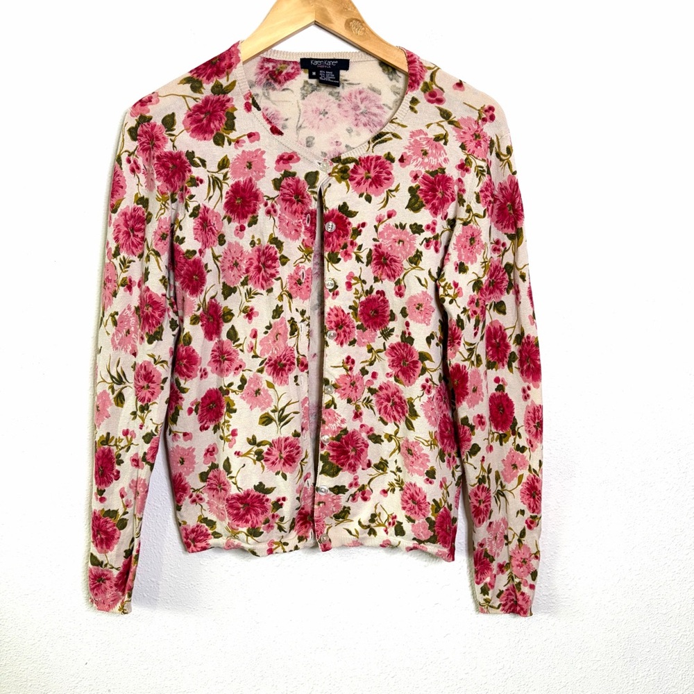 Karen Kane Pink Floral cardigan vintage 90s Y2K button front cropped sz M cotton